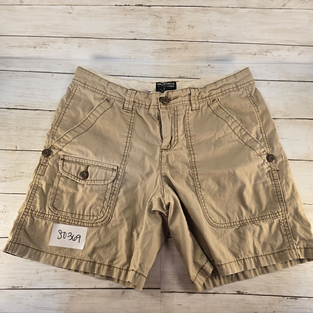 Polo Jeans Co Ralph Lauren Khaki Herringbone Cargo Shorts Womens 6‎ Tan Utility